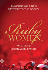 A red background with a gold border and the words “Ruby Women" written in gold. AI generated content