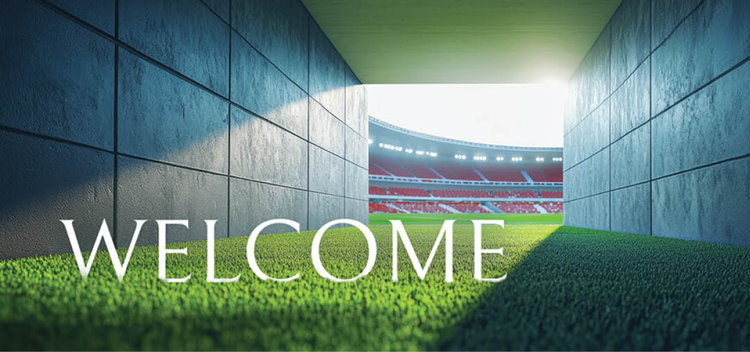 A green field with a large stadium in the background. AI generated content