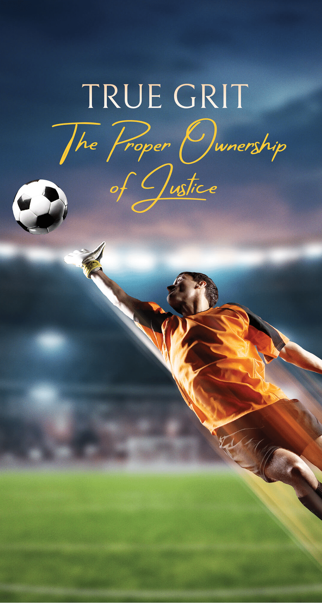 A soccer player in an orange jersey leaps to catch a soccer ball. AI generated content