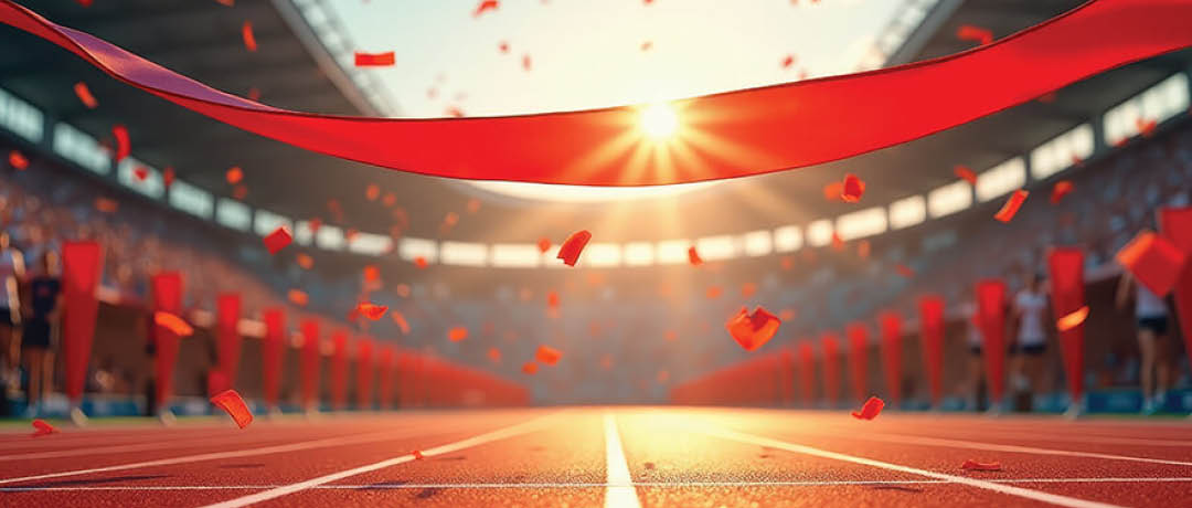 A runner is crossing the finish line of a race, with confetti falling around them. AI generated content