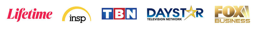 The image displays a row of logos for various companies, including Lifetime, TBN, Daystar, and Fox Business. AI generated content