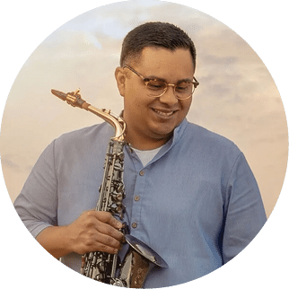 A man in a blue shirt is holding a saxophone. AI generated content