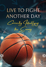 A basketball is shown on a court with a book titled “Live to Fight Another Day" in the foreground. AI generated content